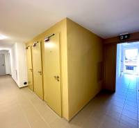 A hallway with multiple doors in a 2-room apartment, light-colored tiles, and an emergency exit.