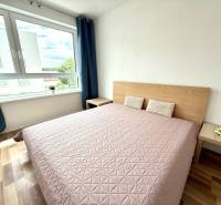 A bright bedroom with a large window and a wooden bed in a two-room apartment.