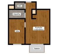Floor plan of a 2-room apartment with a bathroom, toilet, kitchen with living room, and balcony.