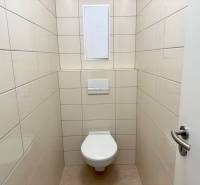 A toilet with tiles in a 2-room apartment, light-colored tiles.