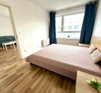 A bright bedroom in a 2-room apartment with a bed, a window, and a view into the living room.