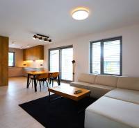 Living room with kitchen, dining table, sofa, and wooden elements in a family house.