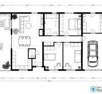 Floor plan in a family house: living room, kitchen, three bedrooms, bathroom, and garage.