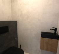 Black and white bathroom with a wall-mounted vanity unit in a family house.