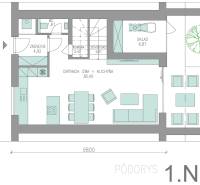 Floor plan of a family house with a living room, kitchen, and storage on the ground floor.
