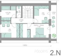 Floor plan of the second floor of the family house: rooms, bathroom, hallway, loggia, and toilet.