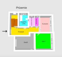 Ground floor plan of a family house with a garage, kitchen, and bathroom.