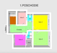 Floor plan of the first floor of a family house with five rooms, a bathroom, a toilet, and a storage room.