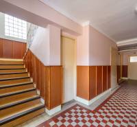 A hallway in a family house with wooden stairs and tiles combined with a wall.