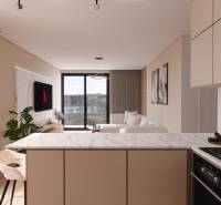 Kitchen and living room with a marble countertop and floor with wood decor in the construction of apartments.