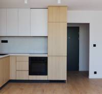 A kitchen in a 2-room apartment with wooden cabinets and black appliances.