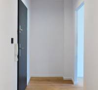 A hallway with a wooden floor, white walls, and doors in a 2-room apartment.