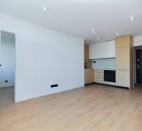 Kitchen in a 2-room apartment with wooden flooring and built-in appliances.