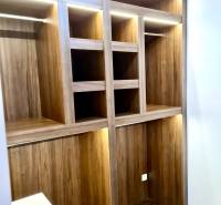 Wardrobe with LED lighting in a 2-room apartment, wooden decor and shelves.