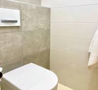 Simple toilets with square flushing in a 2-room apartment, white and gray tiles.