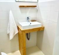 Bathroom with a sink and a wooden cabinet in a 2-room apartment.