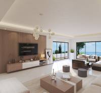 Living room in a villa with ocean view, large windows, and comfortable seating.