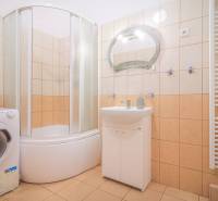 Bathroom in a 3-room apartment with a shower, washing machine, and sink.