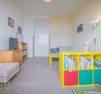 A room in a 3-room apartment contains a sofa, a television, shelves with books, and colorful boxes.