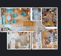 Floor plan of a family house with a living room, kitchen, bathroom, and bedroom.