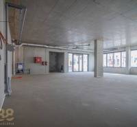 Spacious commercial spaces with concrete ceilings and large windows for sunlight illumination.