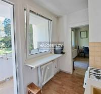 A kitchen in a 3-room apartment with a view of the balcony and surrounding greenery.