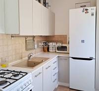 A kitchen in a 3-room apartment with a gas stove and a white refrigerator.