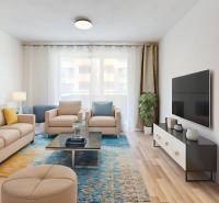 A bright living room in a two-room apartment with a comfortable sofa and modern decor.