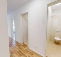 A hallway with an entrance to the toilet in a 2-room apartment with wooden flooring.