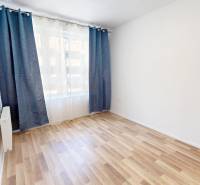 An empty room in a 2-room apartment with wooden flooring and blue curtains.