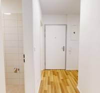 Hallway in a 2-room apartment with wooden flooring and white walls.