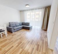 Living room in a two-room apartment with a sofa, table, and chairs on a wooden floor.