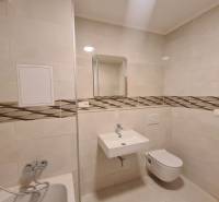 Bathroom with a mirror, sink, and toilet in a studio apartment.