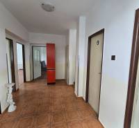 A hallway in a family house with a brown floor, a red wardrobe, white walls.