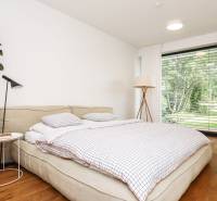 A bedroom in a family house with a bed, plants, and a view of the garden.