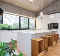 A kitchen in a family house with a large island, wooden bar stools, and a plant.
