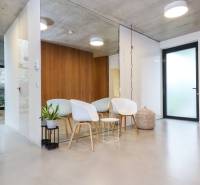 Interior of a family house with armchairs, a table, and large windows for natural light.