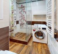 A bathroom in a 2-room apartment with a shower, washing machine, and wooden paneling.