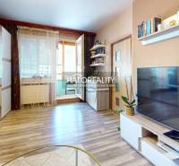 Living room in a two-room apartment with a television, shelves, and access to a balcony.