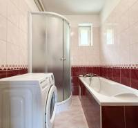 A bathroom with a bathtub, shower, and washing machine in a family house.