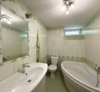 A bathroom in a family house with a bathtub, a sink, and green tiles.