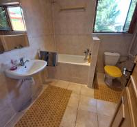 A bathroom in a family house with a bright window, a bathtub, and a sink.
