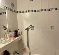 Bathroom with a bathtub and a shelf for cosmetics in a 3-room apartment.