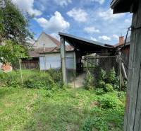 The garden of a family house in Trenčianske Stankovce with grass and a shelter under a blue sky.