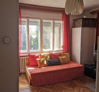 A sunny room in a family house with an orange couch, cushions, and wooden flooring.