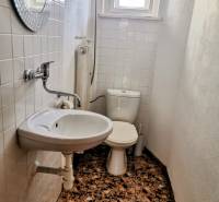 A bathroom in a family house with a sink, toilet, and window, white tiles on the walls.