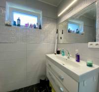 A bathroom in a family house with a sink, a mirror, and a lot of cosmetics.