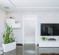 Living room in a family house with a television, flowers, and white furniture.