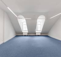 Attic offices with blue carpet and large windows, lights in Bratislava - Old Town, Michalská.