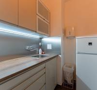 Kitchen corner in the office with a refrigerator and a wooden countertop.